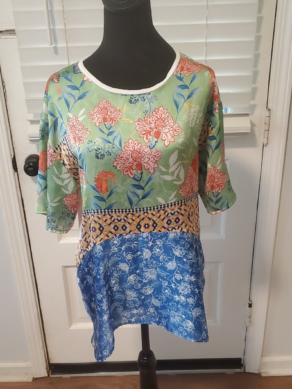 Zara Green & Blue Floral Patchwork Short Sleeve Tunic